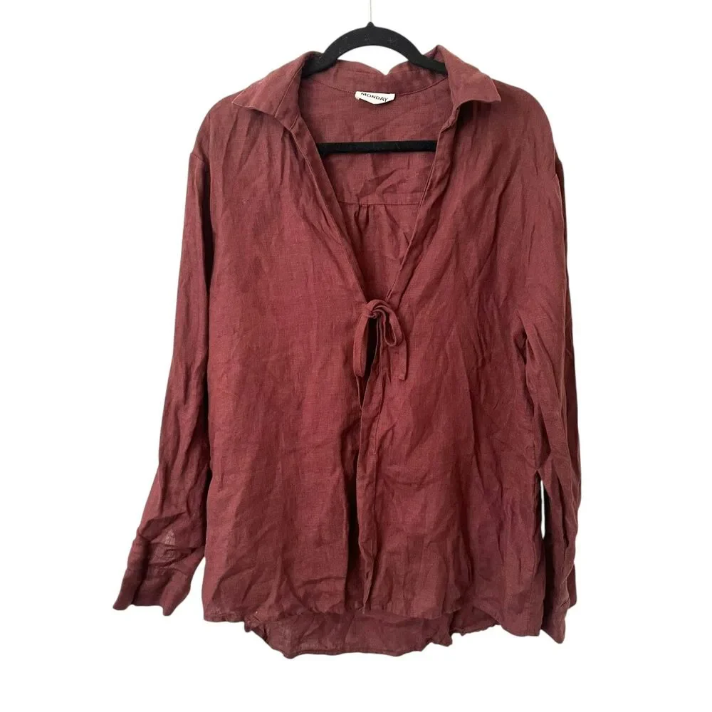 MONDAY SWIMWEAR Linen Tie Front‎ Tunic Maroon Medium - Picture 2 of 6